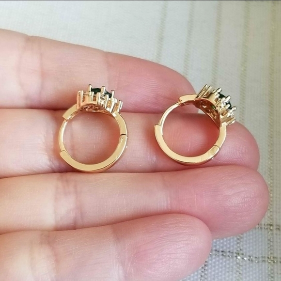 New 18K Gold Plated Round Cut Emerald Diamond Hoop Earrings for Women - Picture 3 of 11